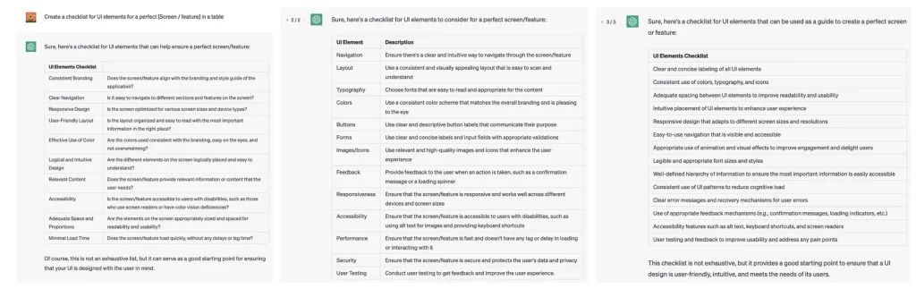 ChatGPT checklist for UI elements for a perfect [Screen/feature] in a table